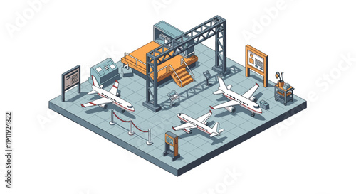Isometric airport terminal with airplanes and boarding gates
