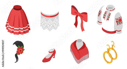 Traditional eastern european clothing and accessories in isometric design