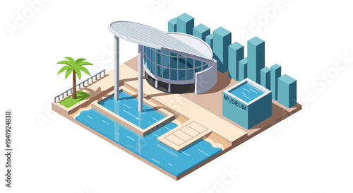 Isometric modern architecture museum with pool and palm tree