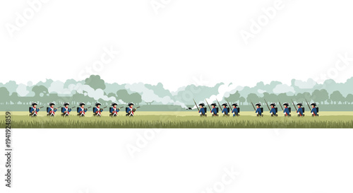 Historic battlefield scene with revolutionary soldiers in flat style