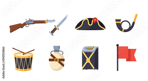 Collection of historical military objects in flat style: rifle, drum, hat, and more