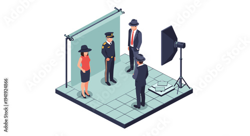 Isometric crime investigation scene with detectives and photographer