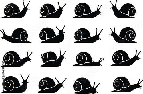 Black snail silhouette vector set, garden gastropod icons, mollusk nature collection for organic design