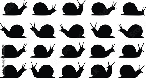 Black snail silhouette icons set, garden mollusk moving slowly, nature wildlife animal vector illustration