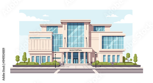 Modern flat design university campus exterior with glass facade and landscaping
