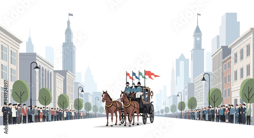 Historic horse-drawn carriage parade in urban street with crowd and skyscrapers