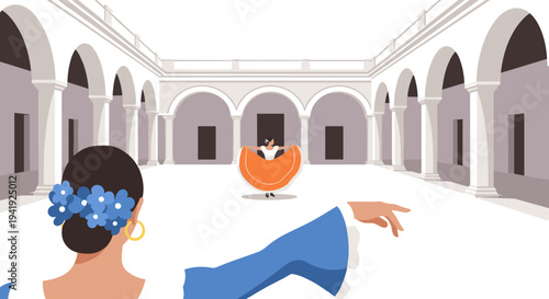 Spanish dancers in traditional costumes performing in historical courtyard