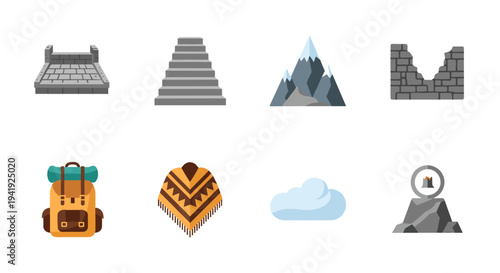 Travel and adventure icons set: backpack, mountain, pyramid ruins, poncho, cloud