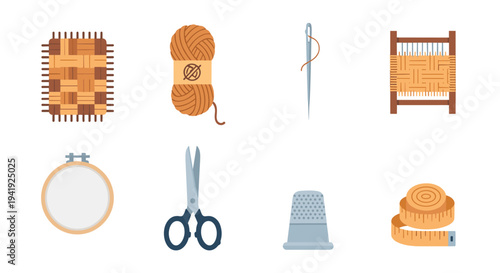 Sewing essentials: yarn, needle, fabric, and tools for crafting and embroidery