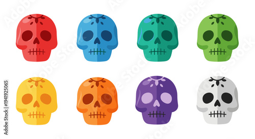 Colorful sugar skulls in flat style for day of the dead celebration