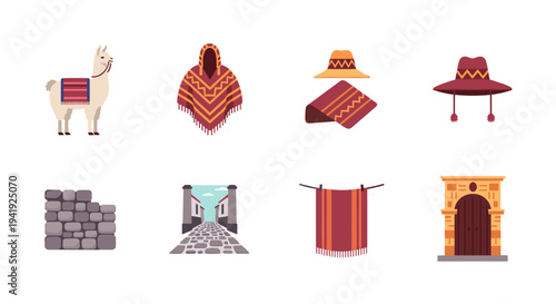 Traditional peruvian elements set with llama, poncho, and historic architecture