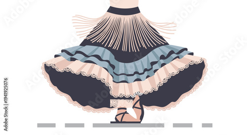 Colorful fringed flamenco dress twirling with graceful stride