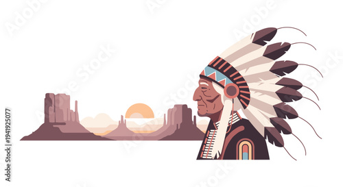 Native american elder with feathered headdress and monument valley at sunset