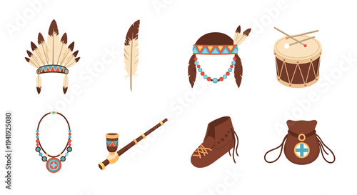 Native american cultural symbols set: headdress, drum, and traditional accessories