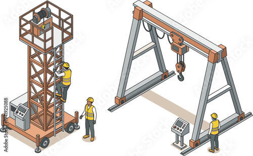 Industrial lifting equipment vector set, isometric gantry crane and mobile lift platform with workers