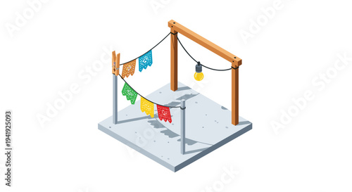 Isometric festive decor with colorful papel picado banners and hanging lightbulb
