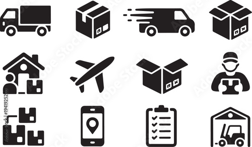 Logistics and delivery solid icon set. Shipping, transportation, package icons collection
