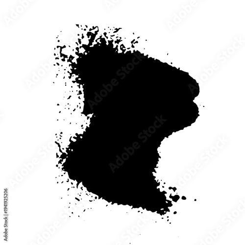 Black ink splatter with scattered drops and spray effect resembling aerosol paint. Grunge style vector illustration of liquid splash isolated on white background.
