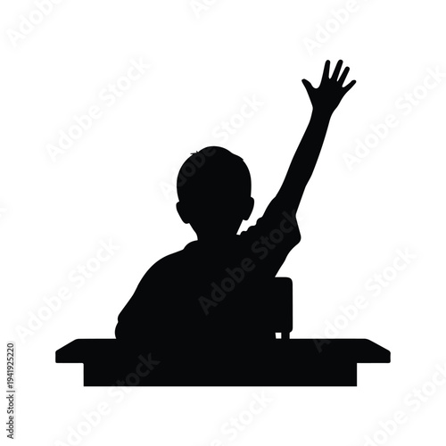Student raising hand in classroom setting for participation