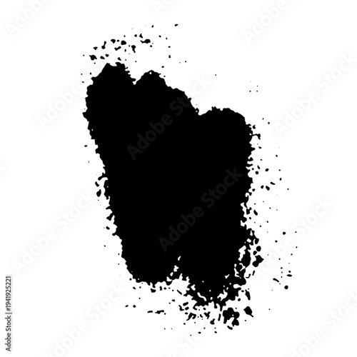 Black ink splatter with scattered drops and spray effect resembling aerosol paint. Grunge style vector illustration of liquid splash isolated on white background.