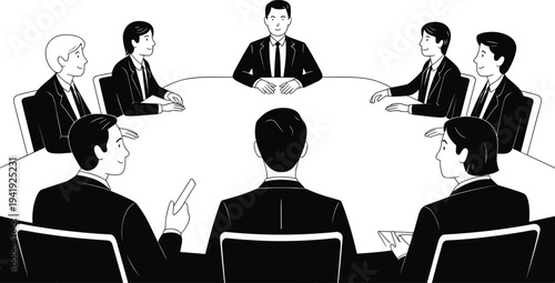Business team meeting discussion corporate conference boardroom teamwork management strategy office people sitting round table flat vector illustration design