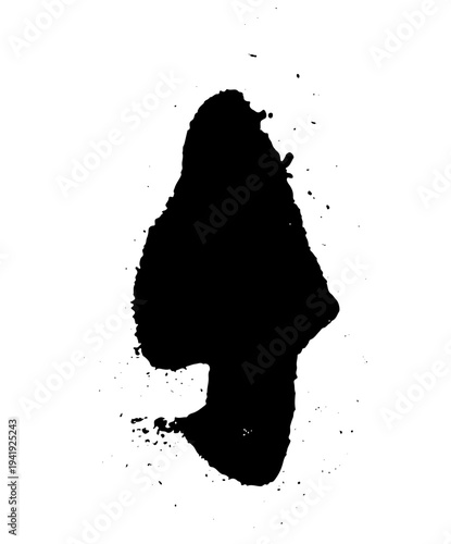 Black ink splatter with scattered drops and spray effect resembling aerosol paint. Grunge style vector illustration of liquid splash isolated on white background.