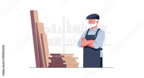 Carpenter in apron admiring stacked timber in workshop