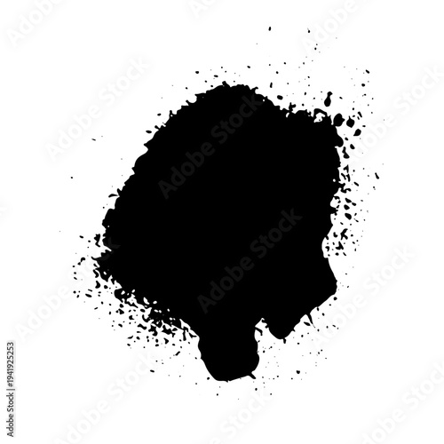 Black ink splatter with scattered drops and spray effect resembling aerosol paint. Grunge style vector illustration of liquid splash isolated on white background.