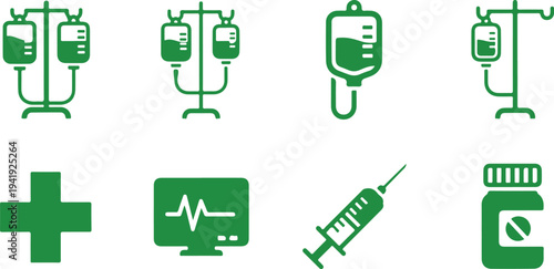 Medical icons featuring intravenous bags drips syringe pill bottle and healthcare symbols isolated on transparent background