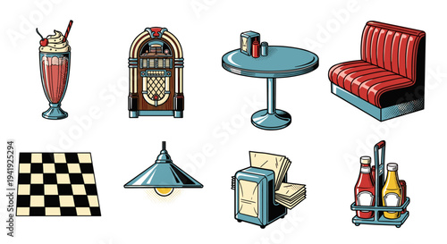 Retro diner objects with milkshake, jukebox, and booth seating in pop art style