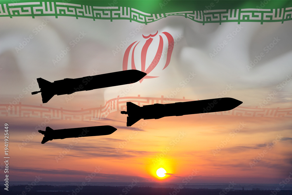 Fototapeta premium Silhouette of missiles with Iran flag against the sunset. Bomb, chemical weapons, missile defense, a system of salvo fire