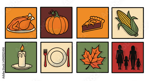 Retro thanksgiving icons featuring turkey, pumpkin, pie, corn, and family in a pop art style
