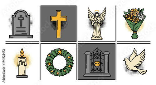 Elegant memorial icons set: tombstone, cross, angel, candle, dove, wreath, flowers, gate