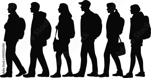 Walking people with backpacks silhouettes collection, students and pedestrians side view isolated on white background, urban lifestyle movement concept