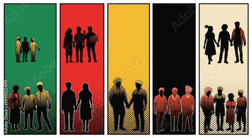 Pop art silhouettes: diverse couples on colorful panels