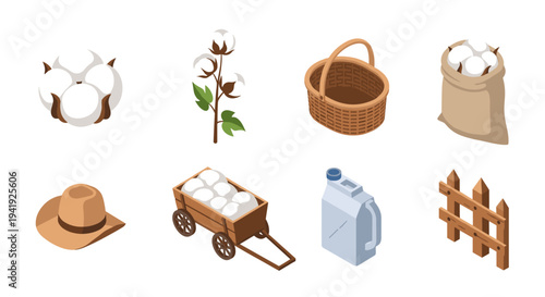 Cotton harvest collection: isometric icons of farming and agriculture essentials