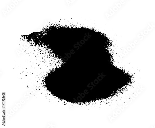 Black ink splatter with scattered drops and spray effect resembling aerosol paint. Grunge style vector illustration of liquid splash isolated on white background.