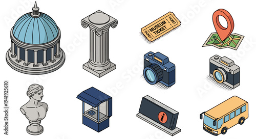 Isometric icons of cultural and travel elements for tourist attractions