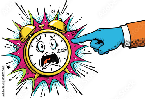 Vibrant Pop Art Illustration Stressed Alarm Clock Delayed Business Time Pressure EPS10 Stock.eps