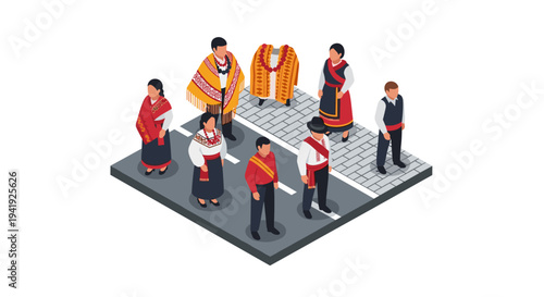 Isometric group in cultural attire on street scene