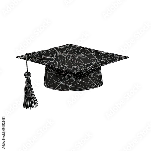 Low polygonal wireframe black graduation cap with tassel isolated on white background abstract education concept vector illustration design element for academic success and achievement