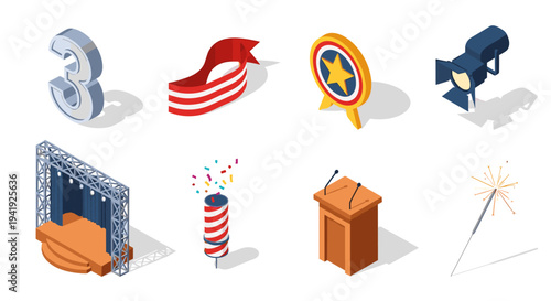 Isometric event icons set: stage, podium, spotlight, firework, ribbon, star badge, number, sparkler