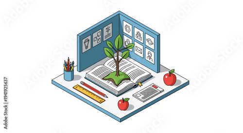 Isometric classroom design with educational elements and nature theme