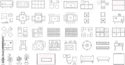 Collection of architectural and engineering technical drawings isolated on transparent background