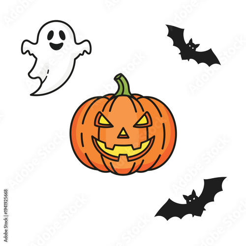 Halloween-themed illustration featuring a jack-o'-lantern and ghostly bats. illustration