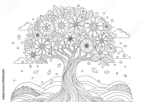 Floral tree coloring page with flowers clouds and landscape vector artFloral tree coloring page with flowers clouds and landscape vector art