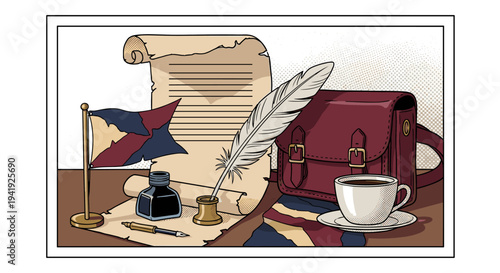 Vintage office desk with quill, scroll, and flag: retro workspace vibes