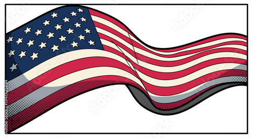 Waving american flag in retro comic style with halftone shadow effect