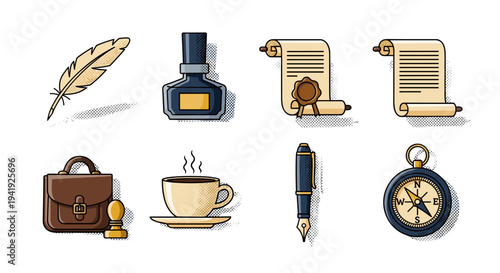 Vintage office supplies: ink, scrolls, quill, and more in retro style