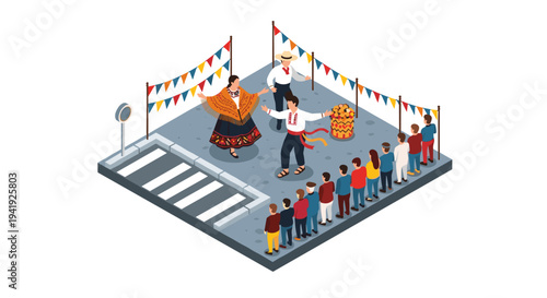 Isometric festival celebration with traditional folk dance and spectators